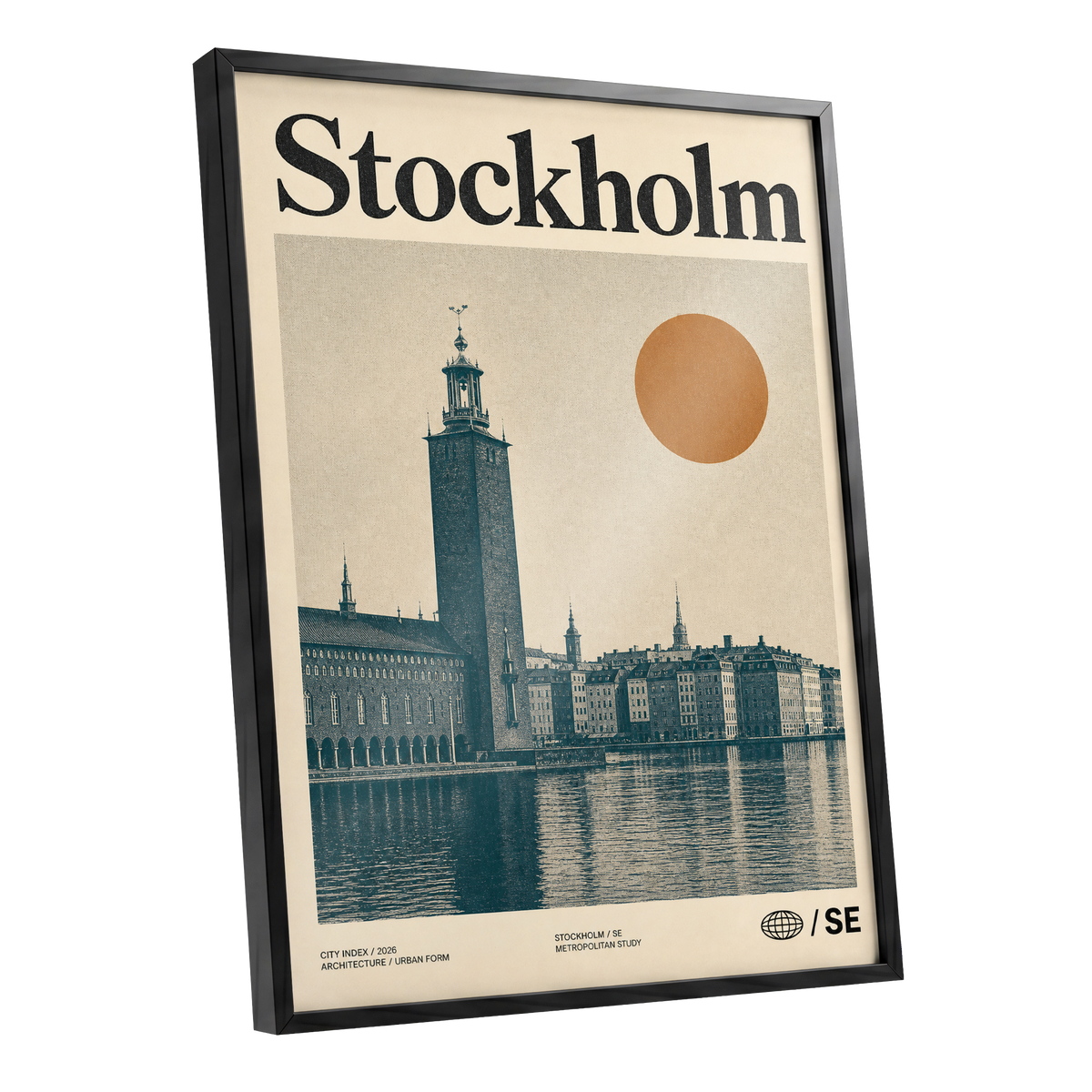 Stockholm Ochre Skyline, beige, blue, orange minimalist wall art shown as a black framed poster wall art print