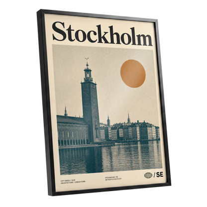 Stockholm Ochre Skyline, beige, blue, orange minimalist wall art shown as a black framed poster wall art print