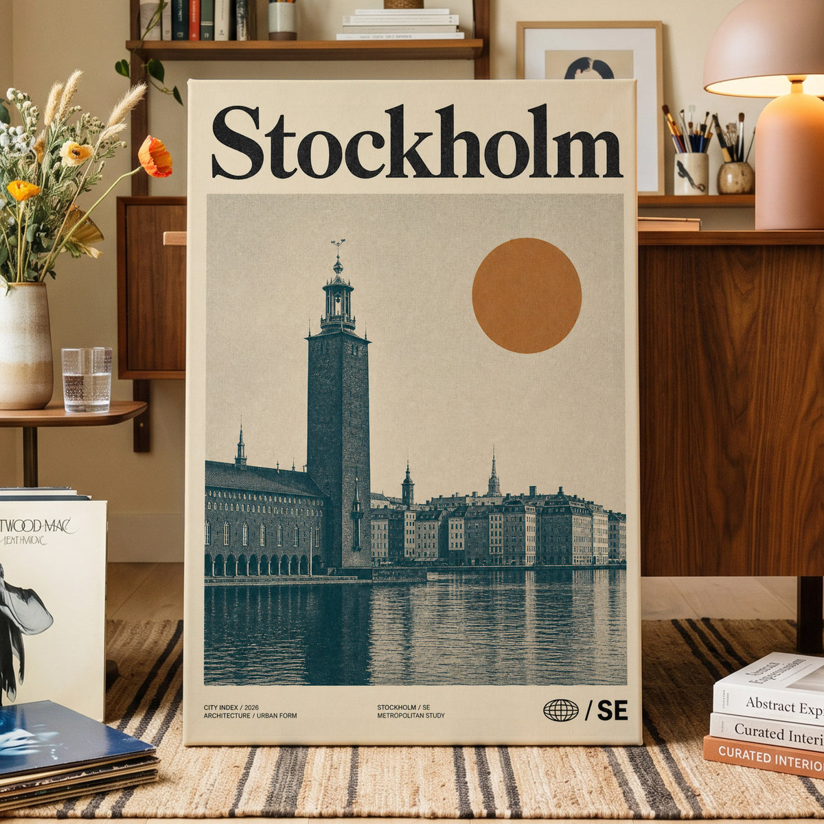 Stockholm Ochre Skyline, beige, blue, orange minimalist wall art on canvas displayed in a styled interior, gallery view 1