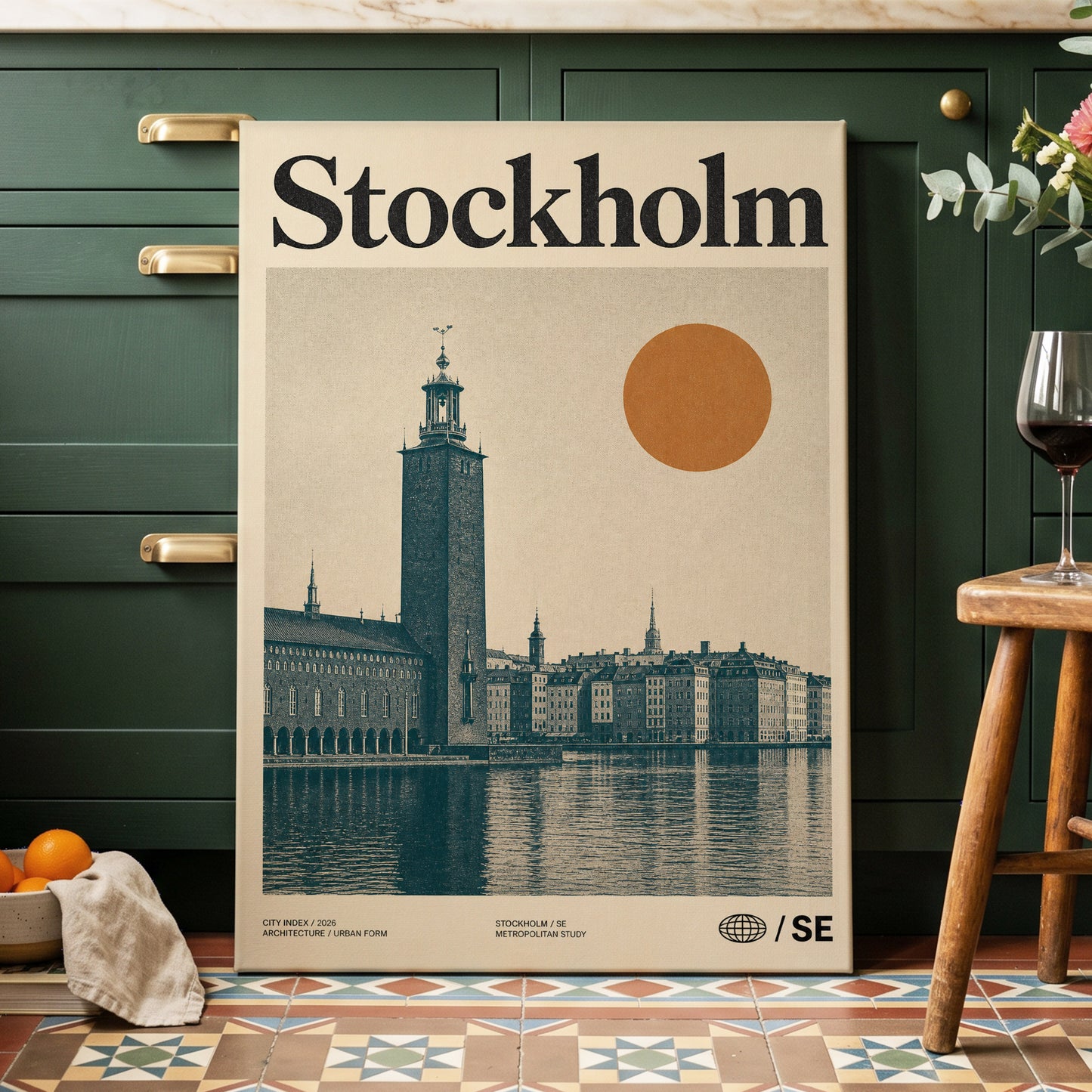 Stockholm Ochre Skyline, beige, blue, orange minimalist wall art on canvas displayed in a styled interior, gallery view 2