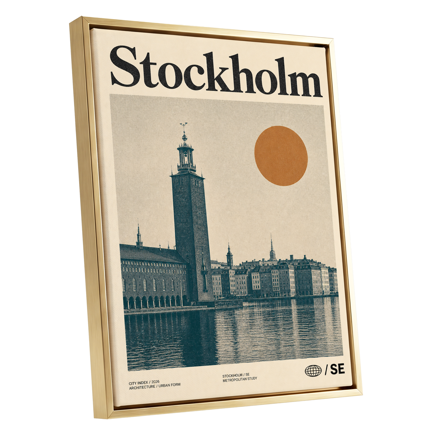 Stockholm Ochre Skyline, beige, blue, orange minimalist wall art shown as a gold framed canvas wall art