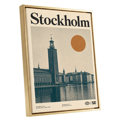 Stockholm Ochre Skyline, beige, blue, orange minimalist wall art shown as a gold framed canvas wall art