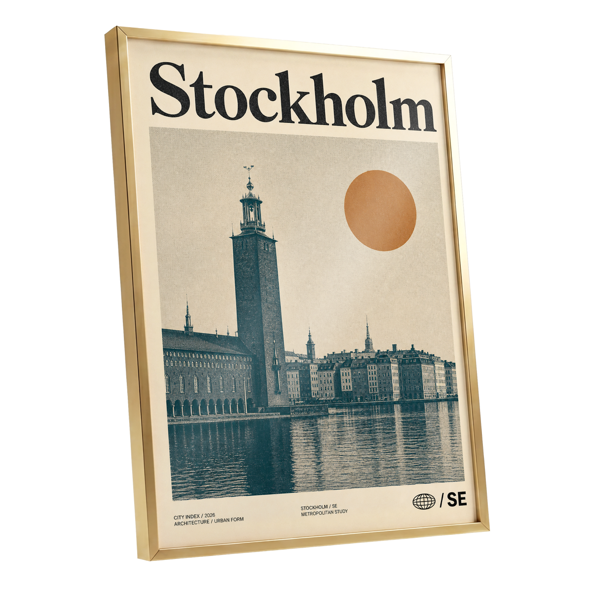 Stockholm Ochre Skyline, beige, blue, orange minimalist wall art shown as a gold framed poster wall art print