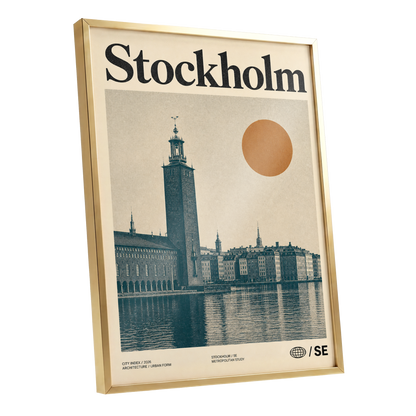 Stockholm Ochre Skyline, beige, blue, orange minimalist wall art shown as a gold framed poster wall art print