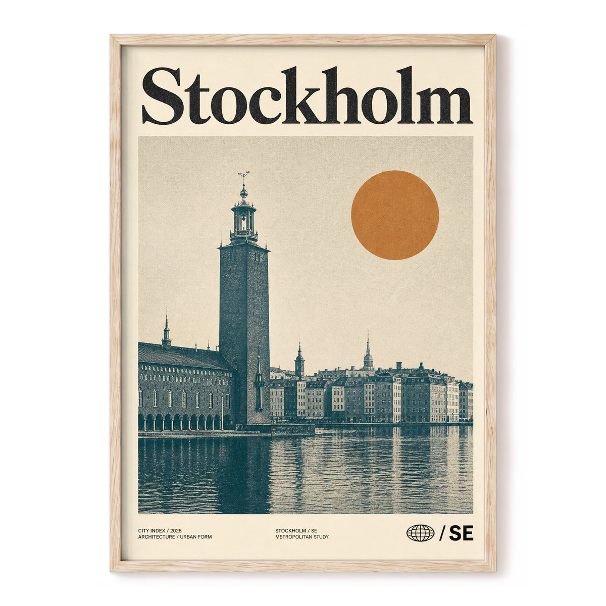 Stockholm Ochre Skyline, beige, blue, orange minimalist wall art, front artwork view