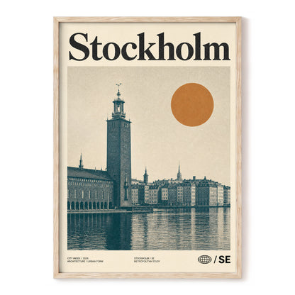 Stockholm Ochre Skyline, beige, blue, orange minimalist wall art, front artwork view