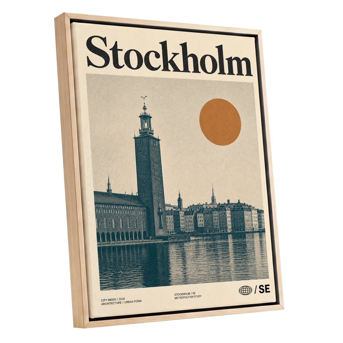 Stockholm Ochre Skyline, beige, blue, orange minimalist wall art shown as a oak framed canvas wall art