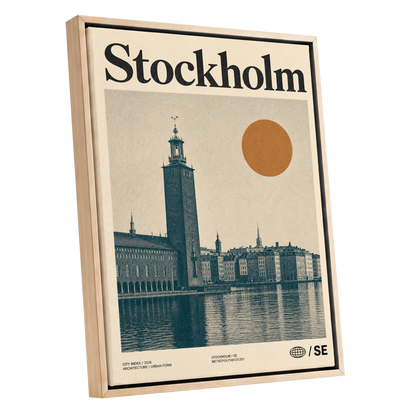 Stockholm Ochre Skyline, beige, blue, orange minimalist wall art shown as a oak framed canvas wall art