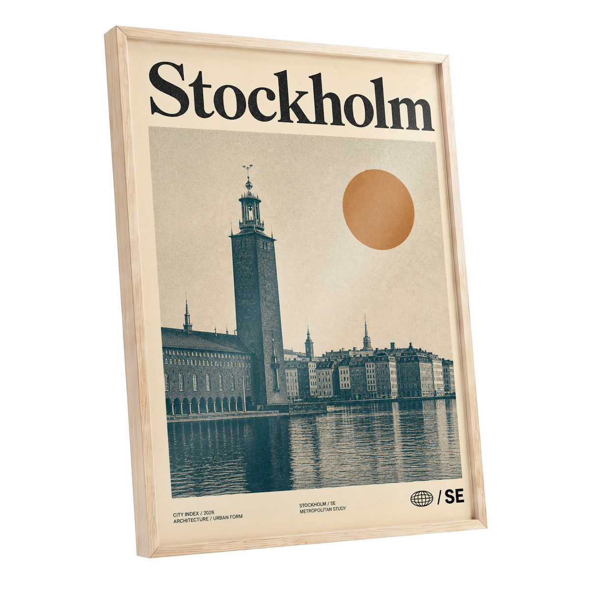 Stockholm Ochre Skyline, beige, blue, orange minimalist wall art shown as a oak framed poster wall art print