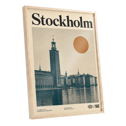 Stockholm Ochre Skyline, beige, blue, orange minimalist wall art shown as a oak framed poster wall art print