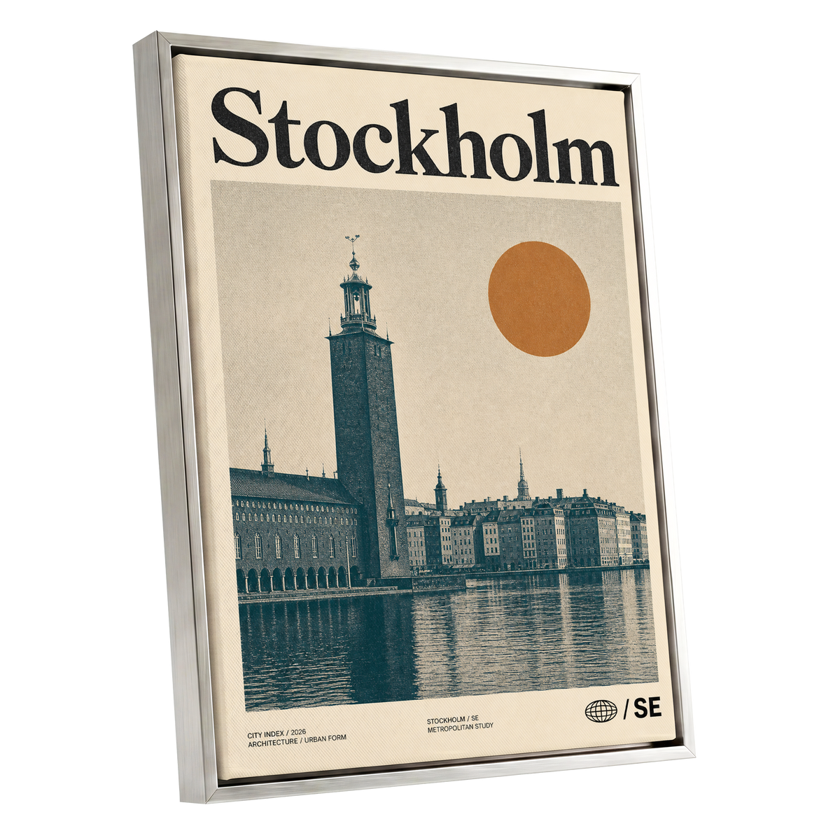 Stockholm Ochre Skyline, beige, blue, orange minimalist wall art shown as a silver framed canvas wall art