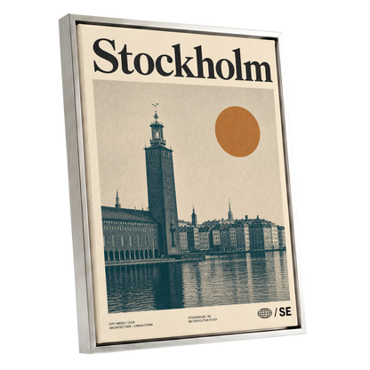 Stockholm Ochre Skyline, beige, blue, orange minimalist wall art shown as a silver framed canvas wall art