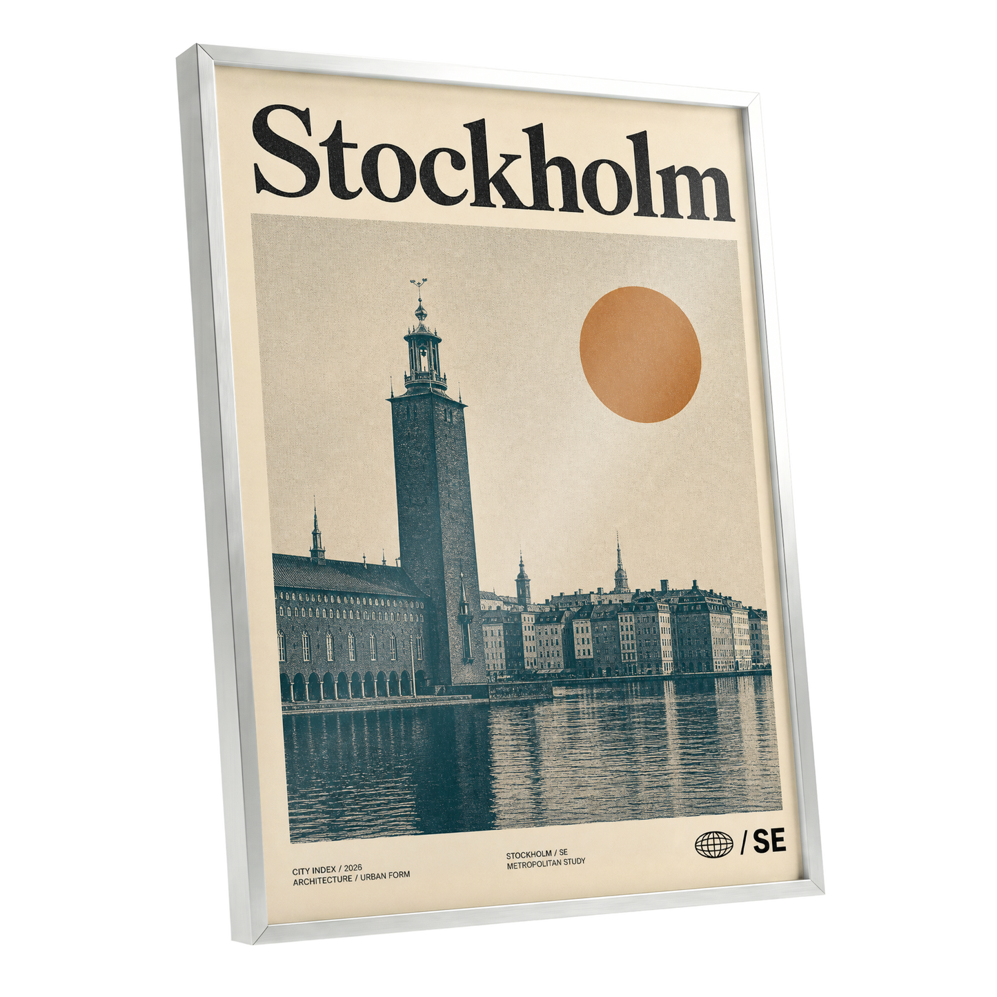 Stockholm Ochre Skyline, beige, blue, orange minimalist wall art shown as a silver framed poster wall art print