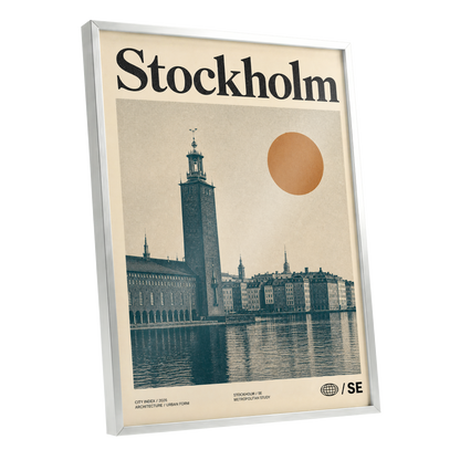 Stockholm Ochre Skyline, beige, blue, orange minimalist wall art shown as a silver framed poster wall art print