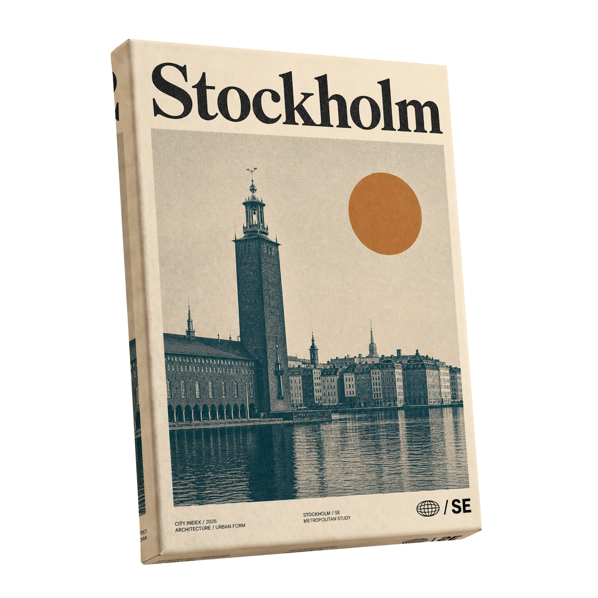 Stockholm Ochre Skyline, beige, blue, orange minimalist wall art shown as a stretched canvas wall art