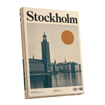 Stockholm Ochre Skyline, beige, blue, orange minimalist wall art shown as a stretched canvas wall art