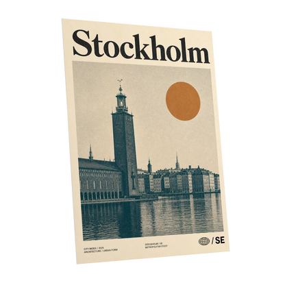Stockholm Ochre Skyline, beige, blue, orange minimalist wall art shown as a unframed poster wall art print