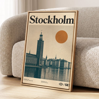 Stockholm Ochre Skyline, beige, blue, orange minimalist wall art displayed in a styled interior, gallery view 1