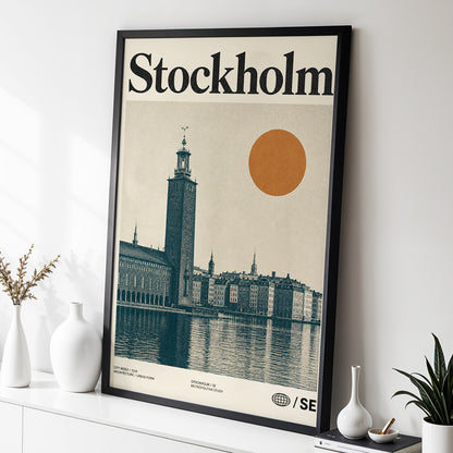 Stockholm Ochre Skyline, beige, blue, orange minimalist wall art displayed in a styled interior, gallery view 2