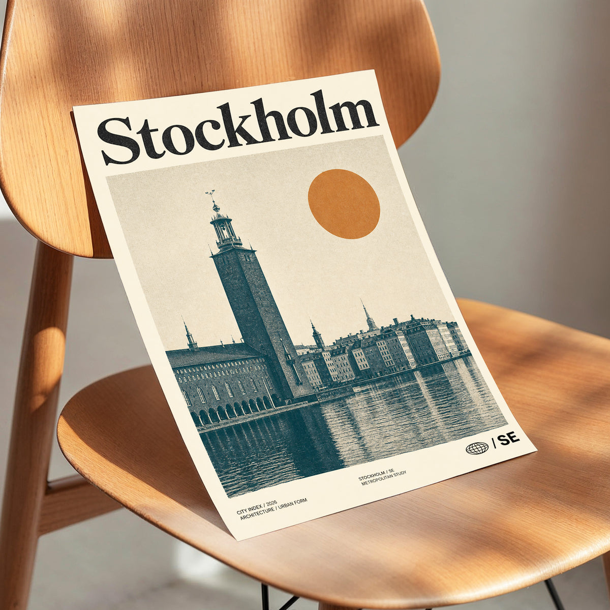 Stockholm Ochre Skyline, beige, blue, orange minimalist wall art displayed in a styled interior, gallery view 3