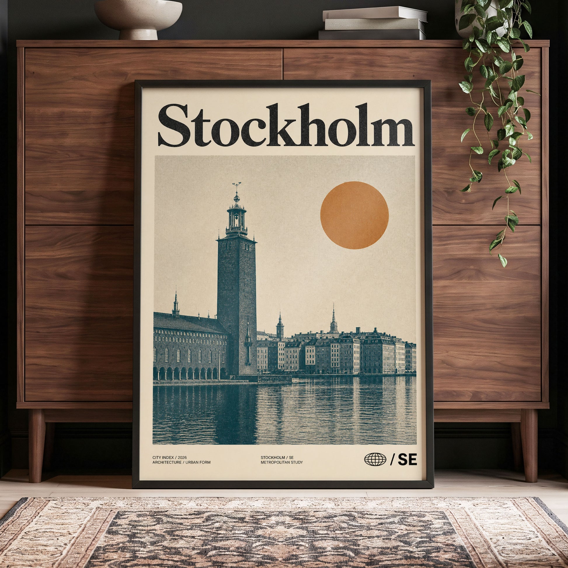 Stockholm Ochre Skyline, beige, blue, orange minimalist wall art displayed in a styled interior, gallery view 4
