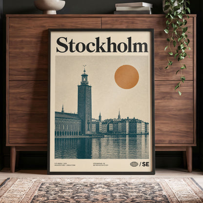 Stockholm Ochre Skyline, beige, blue, orange minimalist wall art displayed in a styled interior, gallery view 4