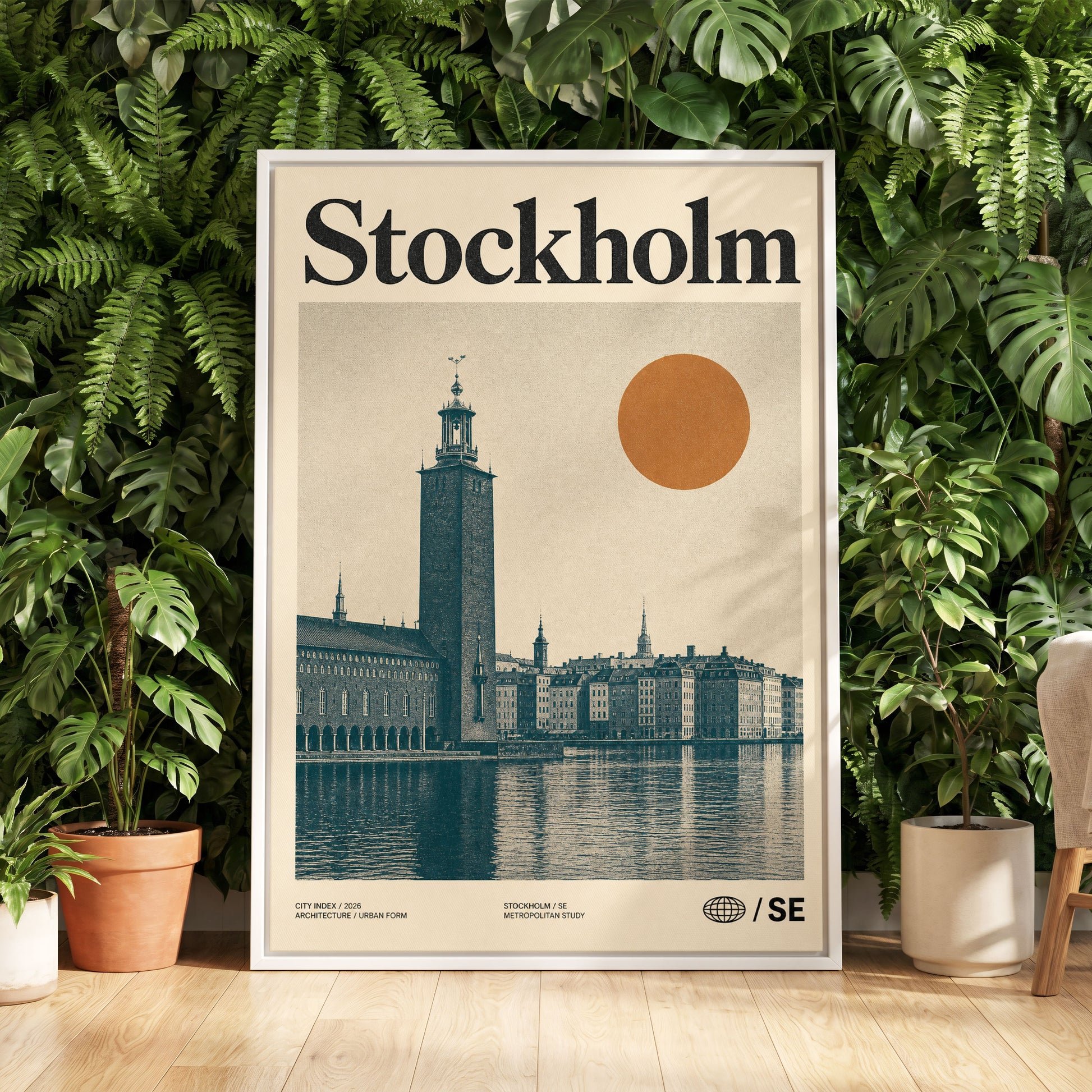 Stockholm Ochre Skyline, beige, blue, orange minimalist wall art displayed in a styled interior, gallery view 5