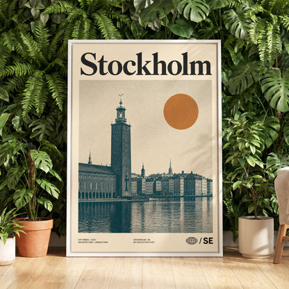 Stockholm Ochre Skyline, beige, blue, orange minimalist wall art displayed in a styled interior, gallery view 5