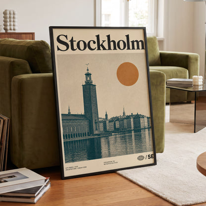 Stockholm Ochre Skyline, beige, blue, orange minimalist wall art displayed in a styled interior, gallery view 6