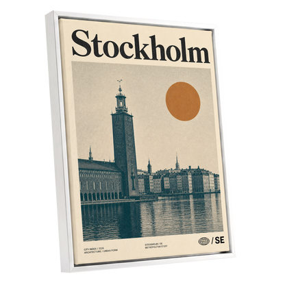 Stockholm Ochre Skyline, beige, blue, orange minimalist wall art shown as a white framed canvas wall art