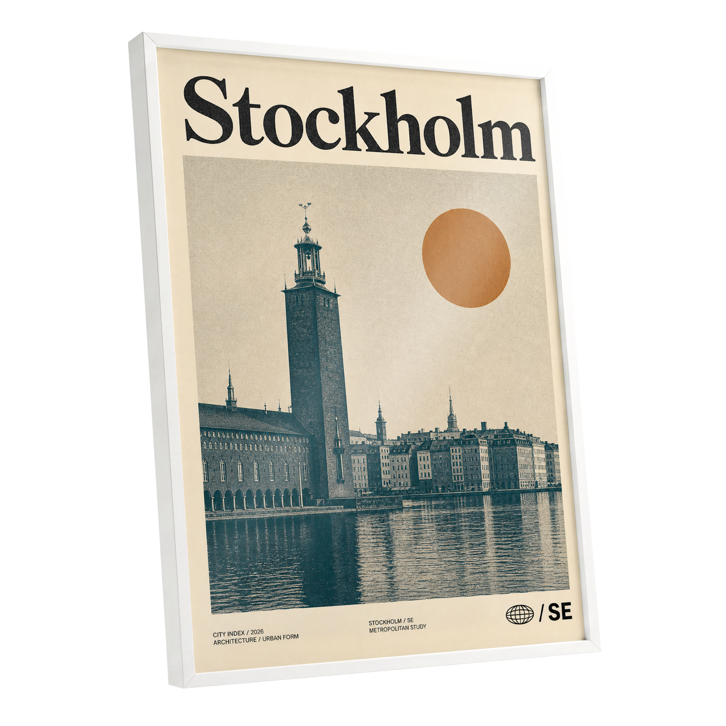 Stockholm Ochre Skyline, beige, blue, orange minimalist wall art shown as a white framed poster wall art print