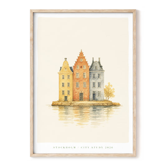 Stockholm Waterfront, beige, orange, gray minimalist wall art, front artwork view