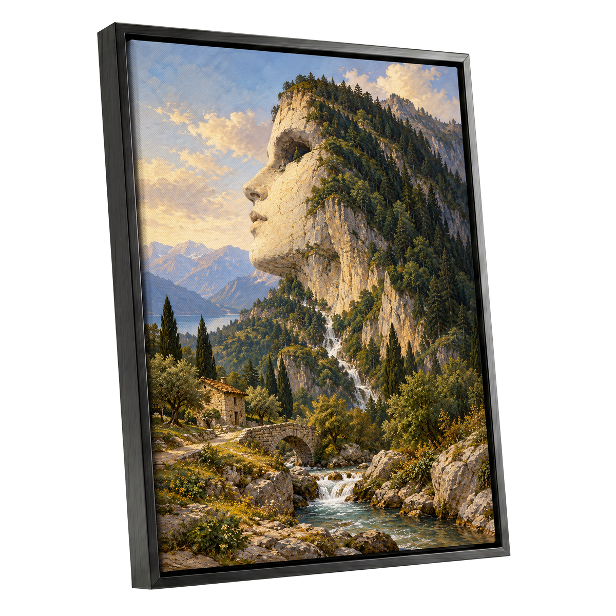 Stonebound Reverie, green, beige, blue nature wall art shown as a black framed canvas wall art