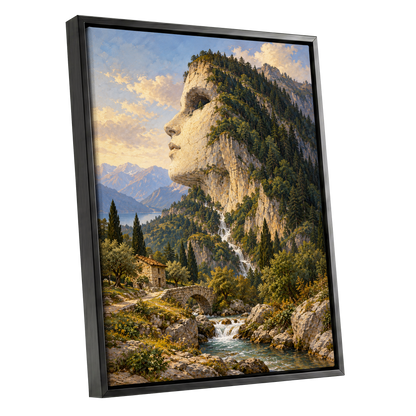 Stonebound Reverie, green, beige, blue nature wall art shown as a black framed canvas wall art
