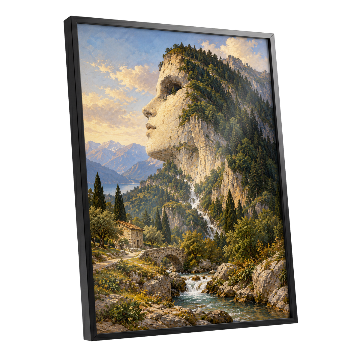 Stonebound Reverie, green, beige, blue nature wall art shown as a black framed poster wall art print