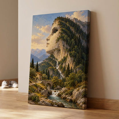 Stonebound Reverie, green, beige, blue nature wall art on canvas displayed in a styled interior, gallery view 1