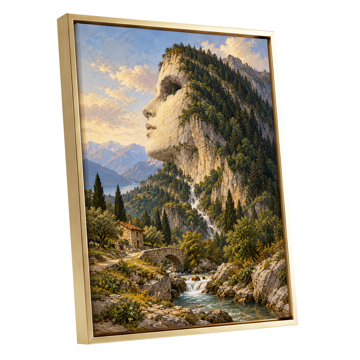 Stonebound Reverie, green, beige, blue nature wall art shown as a gold framed canvas wall art