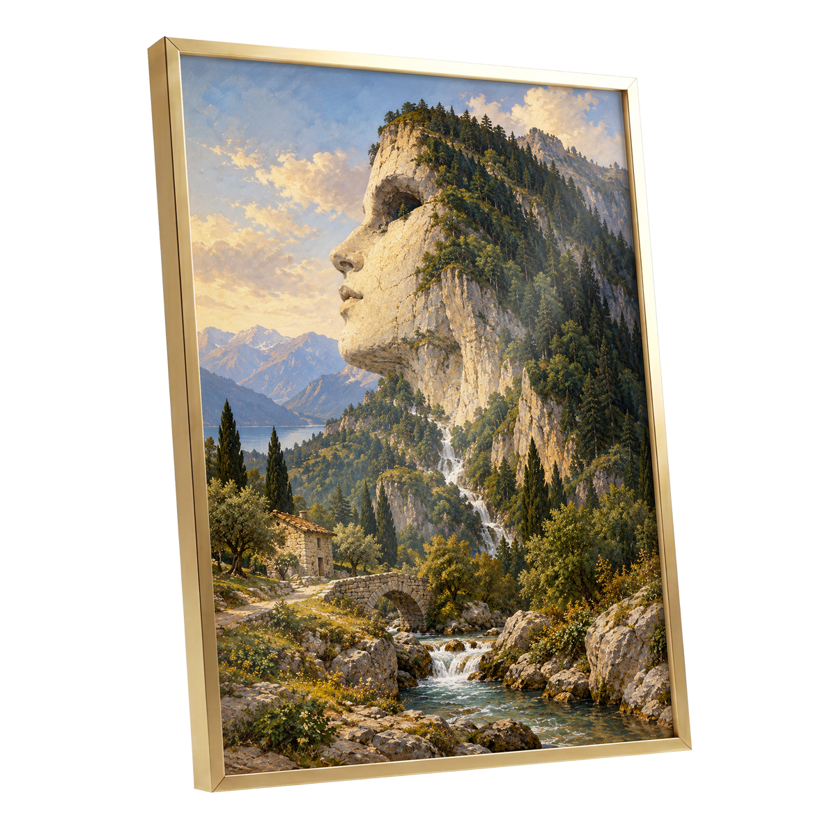 Stonebound Reverie, green, beige, blue nature wall art shown as a gold framed poster wall art print