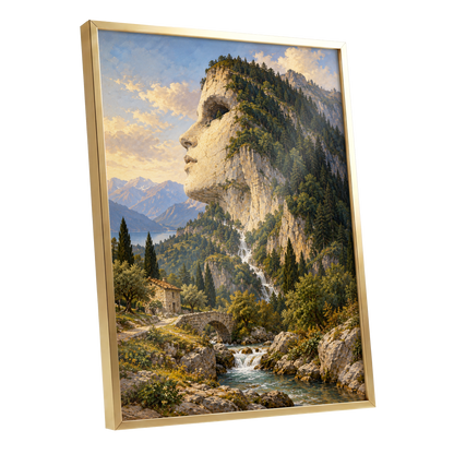Stonebound Reverie, green, beige, blue nature wall art shown as a gold framed poster wall art print