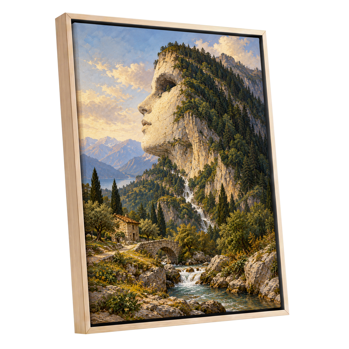 Stonebound Reverie, green, beige, blue nature wall art shown as a oak framed canvas wall art
