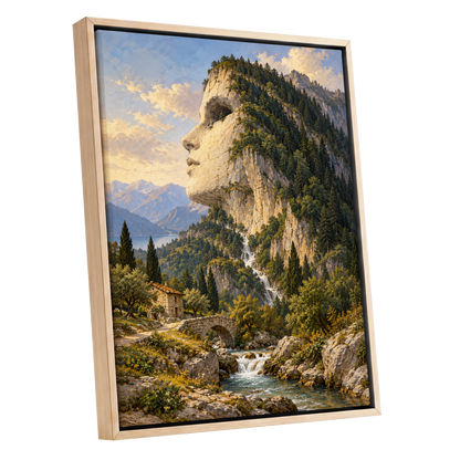Stonebound Reverie, green, beige, blue nature wall art shown as a oak framed canvas wall art