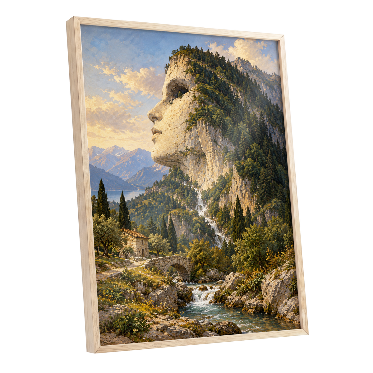 Stonebound Reverie, green, beige, blue nature wall art shown as a oak framed poster wall art print