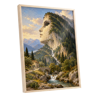 Stonebound Reverie, green, beige, blue nature wall art shown as a oak framed poster wall art print