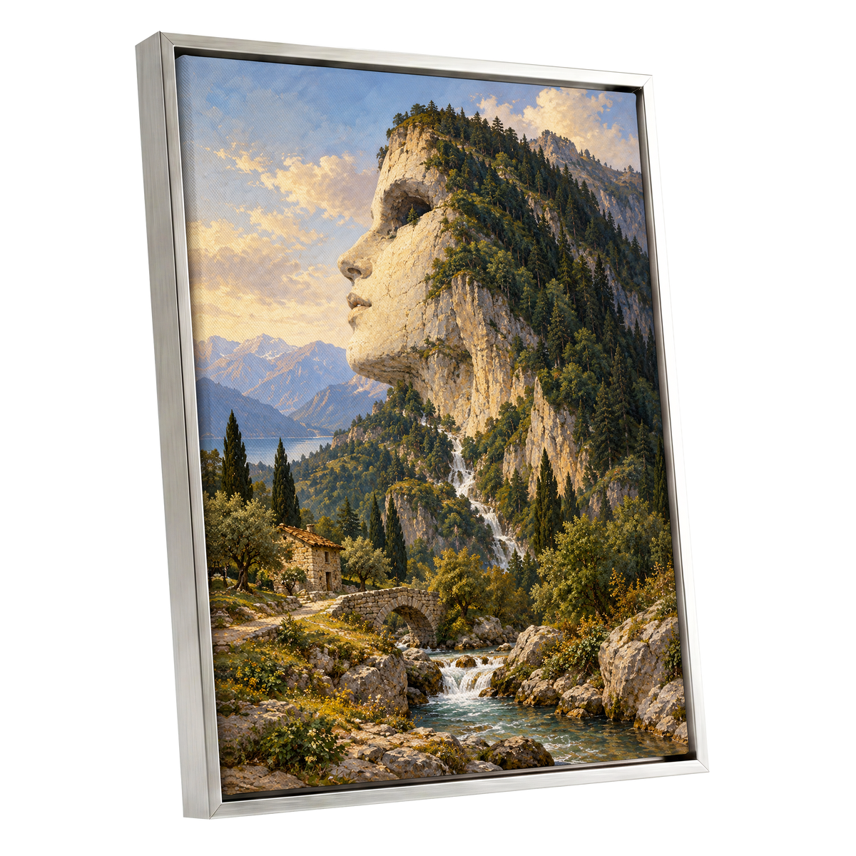 Stonebound Reverie, green, beige, blue nature wall art shown as a silver framed canvas wall art
