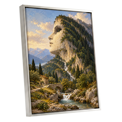 Stonebound Reverie, green, beige, blue nature wall art shown as a silver framed canvas wall art