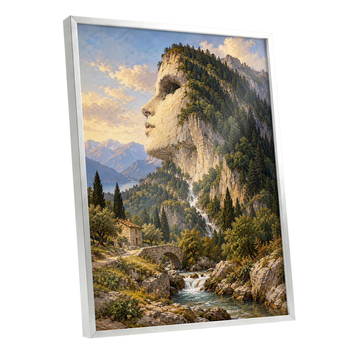 Stonebound Reverie, green, beige, blue nature wall art shown as a silver framed poster wall art print