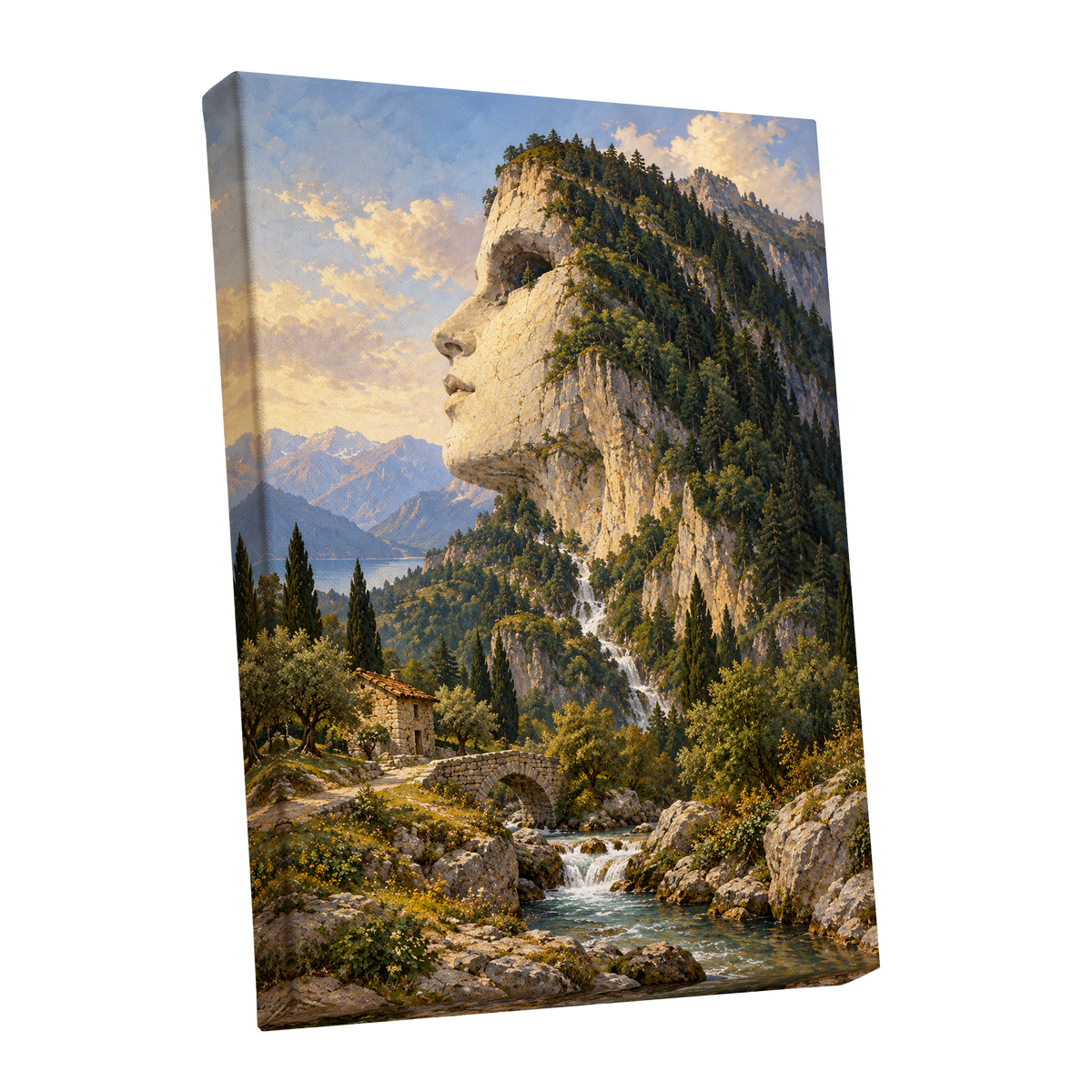 Stonebound Reverie, green, beige, blue nature wall art shown as a stretched canvas wall art