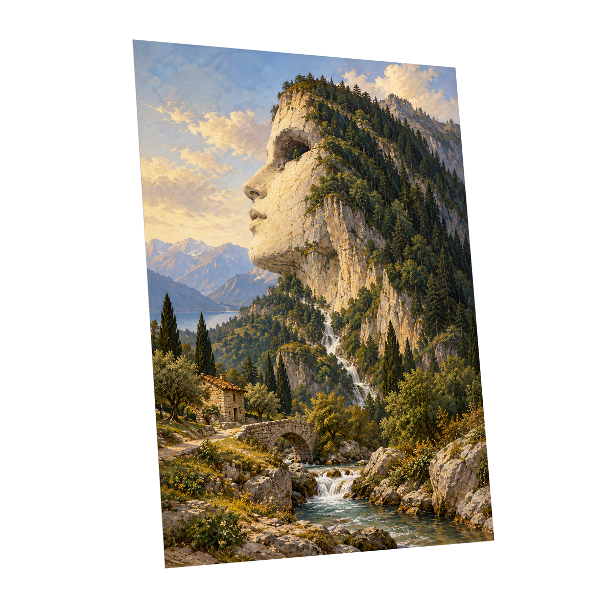Stonebound Reverie, green, beige, blue nature wall art shown as a unframed poster wall art print