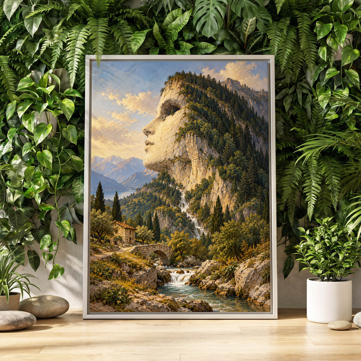 Stonebound Reverie, green, beige, blue nature wall art displayed in a styled interior, gallery view 1