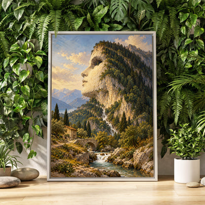 Stonebound Reverie, green, beige, blue nature wall art displayed in a styled interior, gallery view 1
